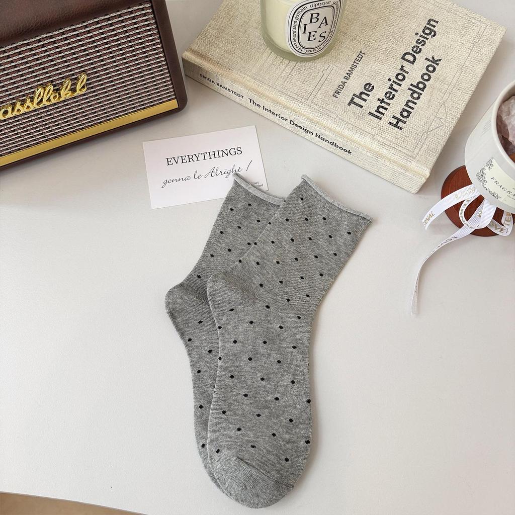 Women's Rolled Edge Polka Dot Mid-Calf Cotton Socks - Pairs Well with Birkenstock Shoes, Loose Fit, Slouchy, Casual Style