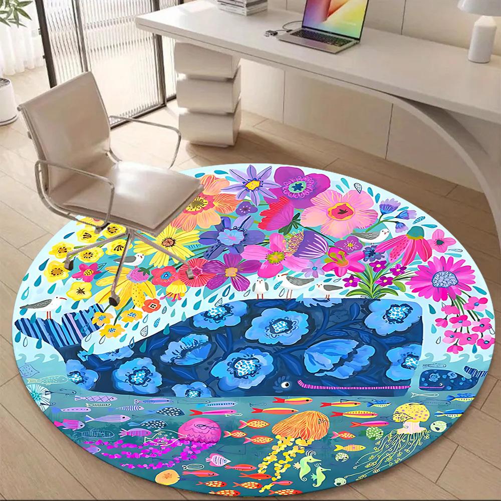1PC Whale Flowers Office Round Area Rug, Indoor Mat Suitable ForOffice, Under Office Chairs Bedroom Living Room Home Decor, Room Deco, D092