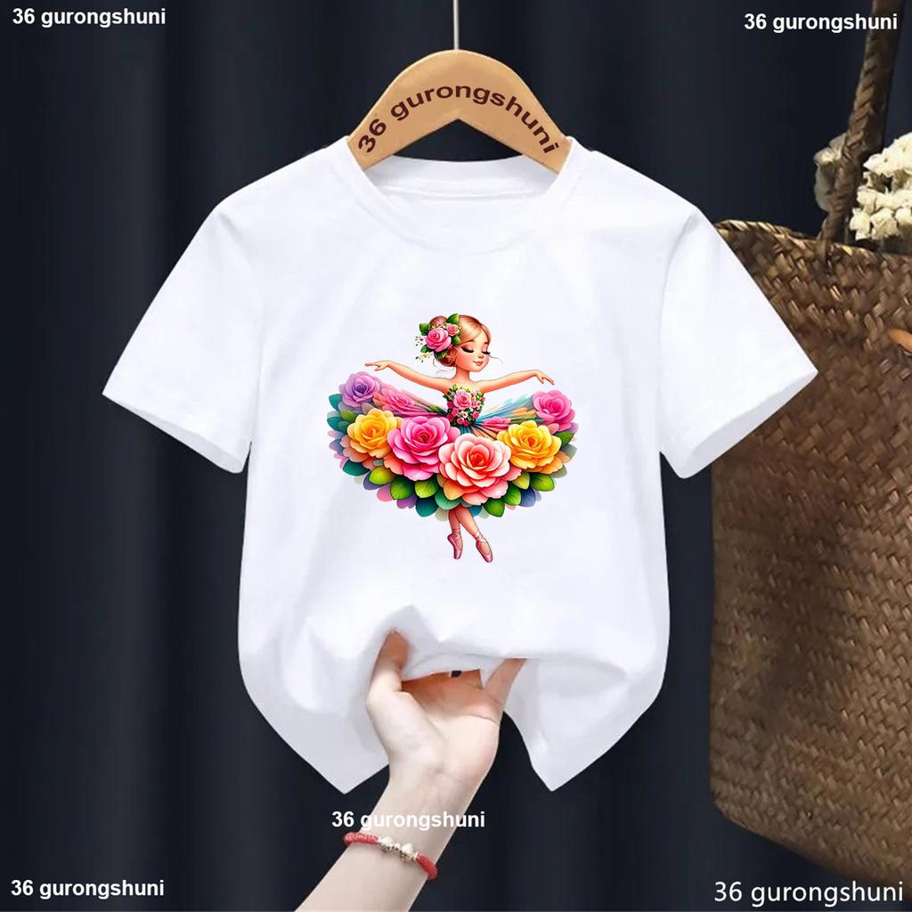 Cute Girl Ballet Dance Printed Cotton Childerns T-shirts Kawaii Girls Clothes Summer Kids Short Sleeve White Top