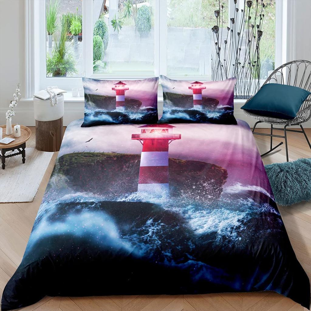 Leuchtturm Bettbezug Set Nautisches Surfen Ozeanwelle Bettwäsche Set Queen Polyester Küsten Natur Thema Steppdeckenbezug Für Jungen