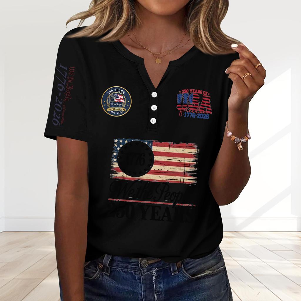 Women's Fashion Casual 250th Anniversary Independence Day Print V-Neck Short Sleeve Decorated Button-Up T-Shirt