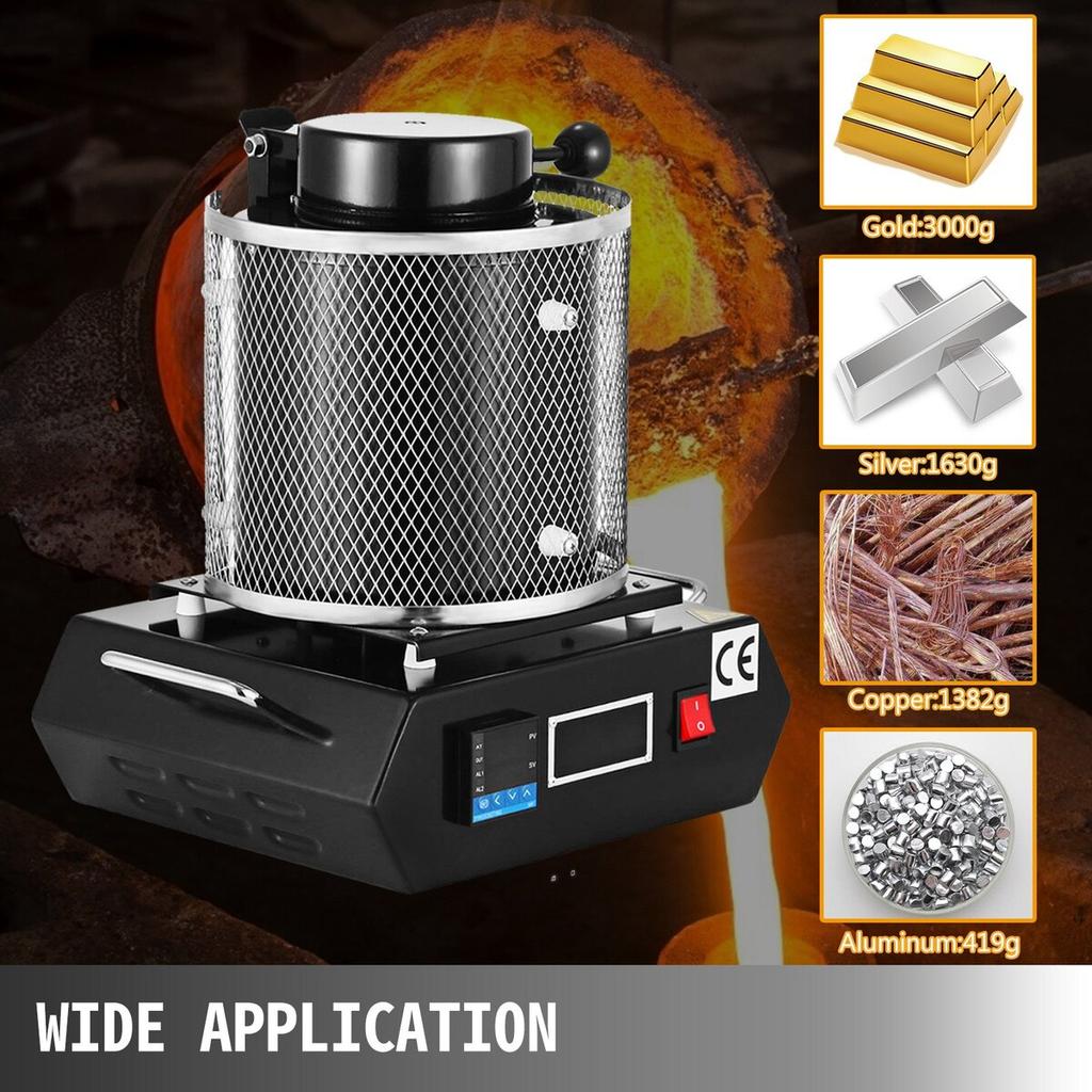 Horno de Fusión de Oro, 1350W, 1150°C Temperatura Máxima, Máquina de Horno de Fusión Eléctrico Digital, con Crisol Cerámico de 3 kg, para Fundición Refinación Preciosos