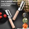 Curățător de legume cu mâner ergonomic din lemn 2-în-1 Deschizător de sticle Lamă lată curbată Curățător ascuțit pentru cartofi mere citrice morcovi Gadgeturi de bucătărie