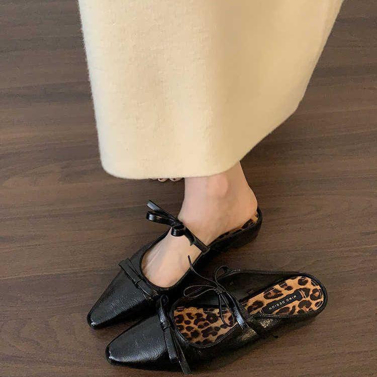 Trendy brand French bow Mary Jane half slippers women's shoes increase height spring and summer new bag head cool slippers single shoes women