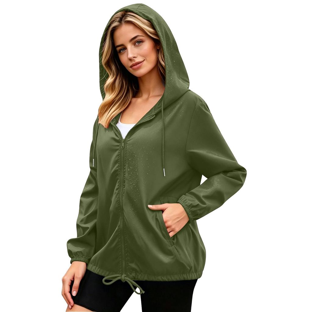 Womens Waterproof Windproof Hooded Jacket Lightweight Zip Up Outdoor Raincoat with Adjustable Drawstring Hem and Elastic Cuffs