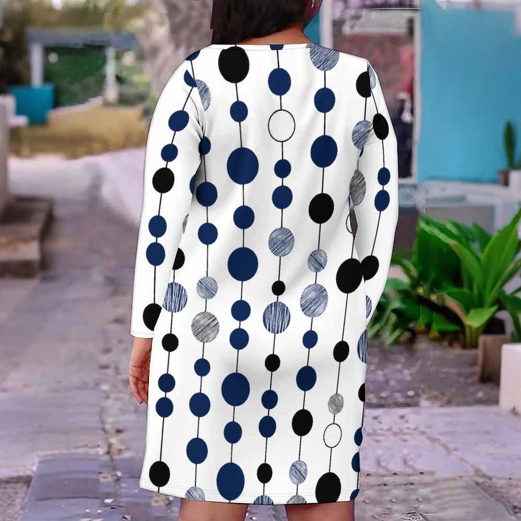 Women Plus Size V Neck Long Sleeve Printed Polka Dot Straight Dress