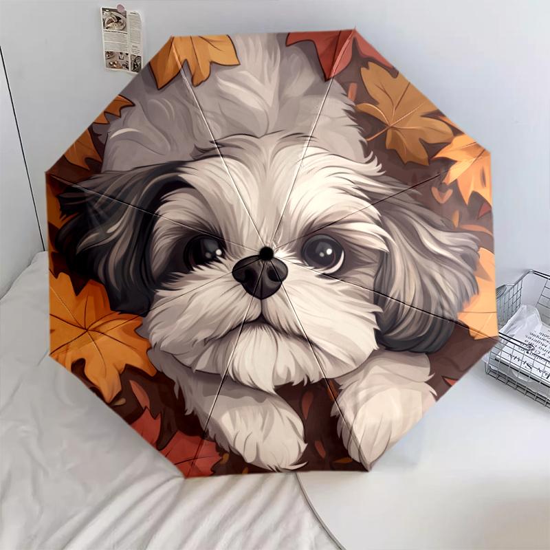 Shih Tzu and Fallen Leaves Pattern, Automatic Folding Umbrella, Portable and Foldable Design, 8 Ribs, a Christmas or Birthday Gift.