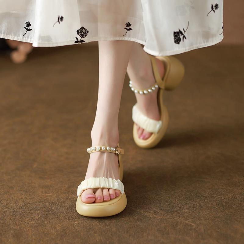 Soft leather mesh thick-soled heightening open-toed sandals women's summer new holiday style versatile pearl high heels