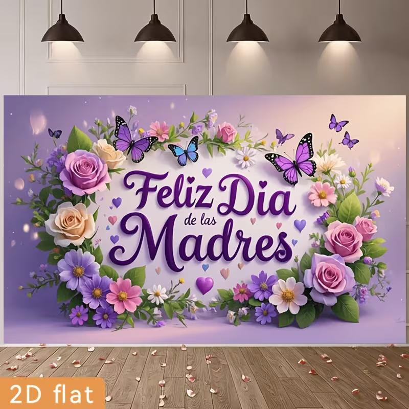 2D Spanish Mother's Day Photography Background, Purple Floral Butterfly Theme Backdrop