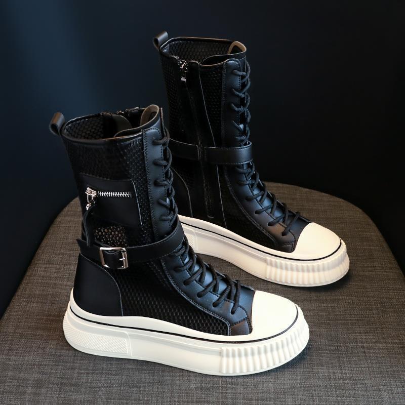 Summer Boots for Women Fashion High Top Casual Platform Boots Breathable Hollow Out Mesh Boots for Women Mid-Calf Botas Sneakers