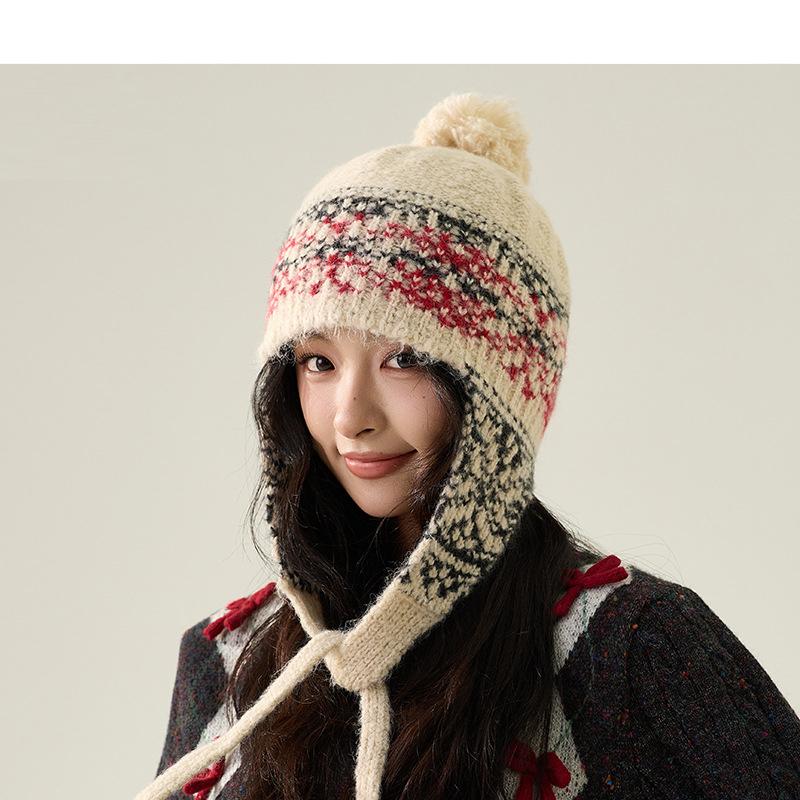 Chapéu de Lã Quente Tricotado com Proteção para Ouvidos Outono Inverno Estilo Étnico Feminino