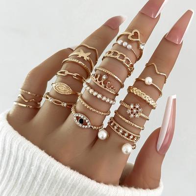 Juego de 24 Anillos Midi Geométricos Boho Para Mujer Ojo Mariposa Corazón Corona Perla Anillo de Dedo Joyería de Moda para Fiesta Regalo para Niñas