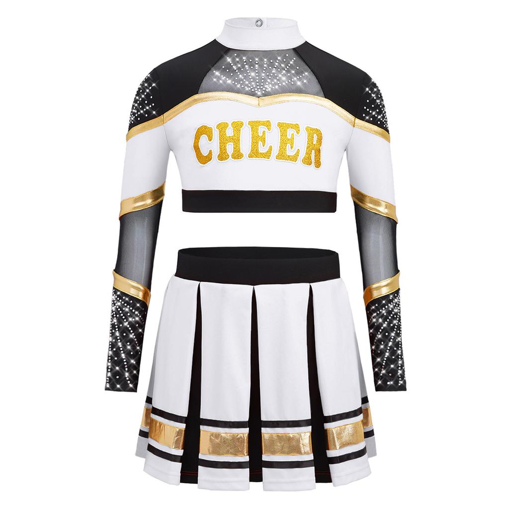 Bambina Ragazza Costume da Cheerleader 2 Pezzi Costume da Esibizione Manica Lunga Patchwork in Rete Trasparente Strass Color Block Crop Top con Gonna Pieghettata