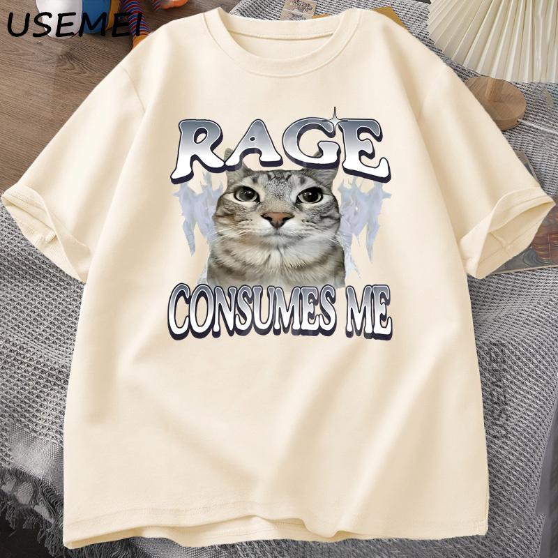 Rage Consumes Me Cat T Shirt Funny Cat Meme Printed TShirt Vintage Unhinged Silly Cat Graphic Tee Humor Cotton Short Sleeve Tee