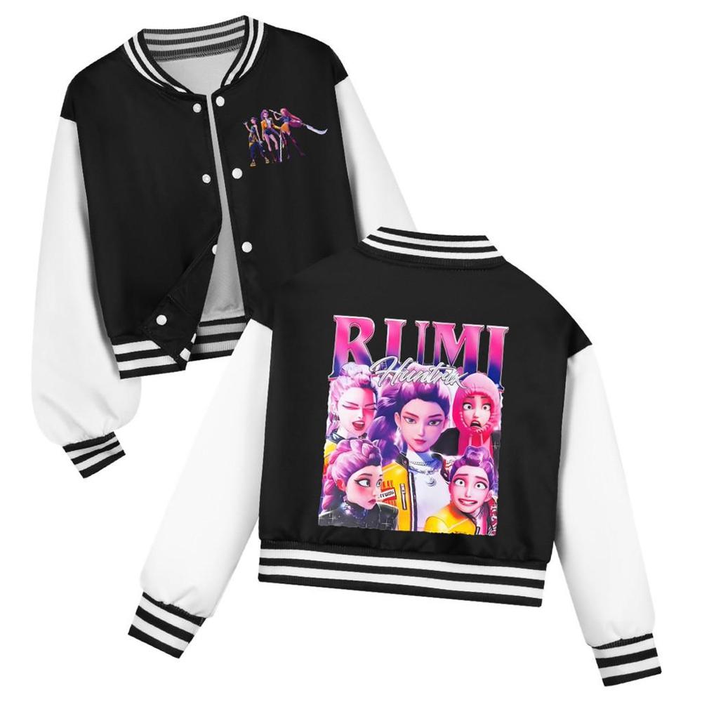 Kids Girls Anime Cartoon Kpop Demon Hunters Rumi Zoey Mira Printed Casual Long Sleeves Baseball Jacket Coat
