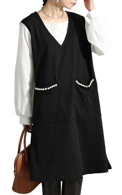 Gold Japan Plus Size Long Faux Autumn Black Women's Dress, Sleeves, Knee-Length, Docking, Pearl, Layered, Flared, Style, Mncut-132551, 4L,