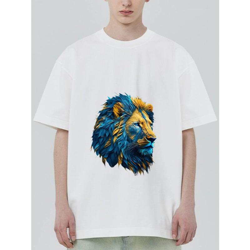 Lion Head Graphic T Shirt Black Blue and Yellow Lion Print Casual Wear for Men and Women Streetwear Fashion Unisex Top
