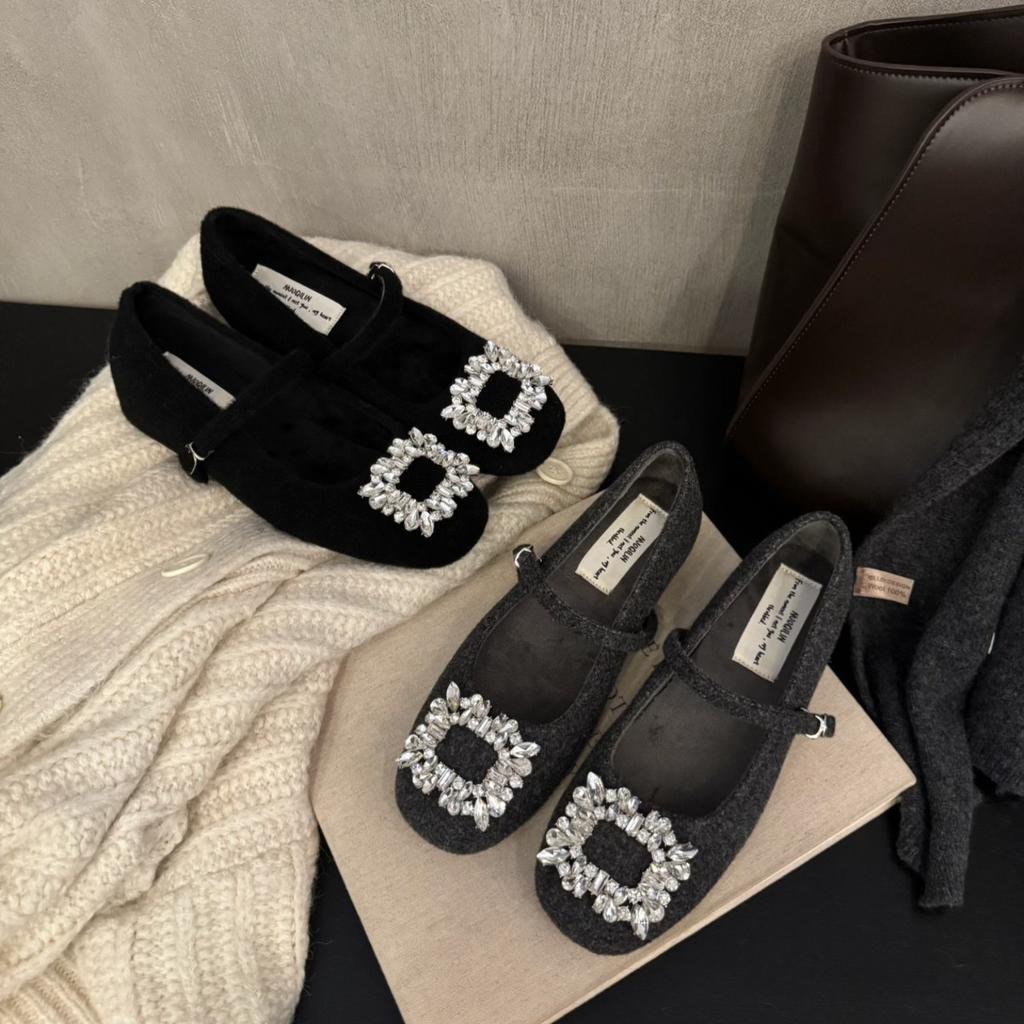 2025 French Square Head Rhinestone Fluffy Shoes for Women To Wear Outside Autumn and Winter New Versatile Gentle Mary Jane Evening Shoes