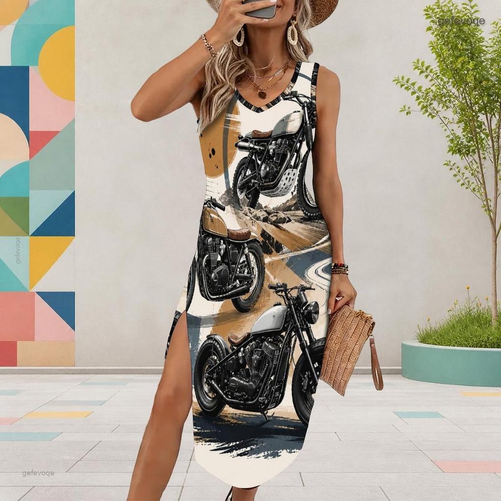 Women Plus Size U Neck Sleeveless Cartoon Excavator Printed Tank Dress High Side Slit Curved Hem Midi Dress