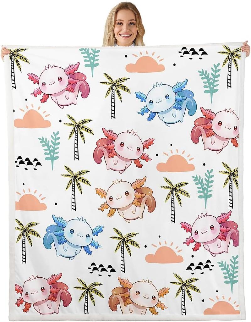 Cute Pink Axolotl Blanket Soft Fleece Throw Cherry Blossom Design Fantasy Art Kids Room Decor