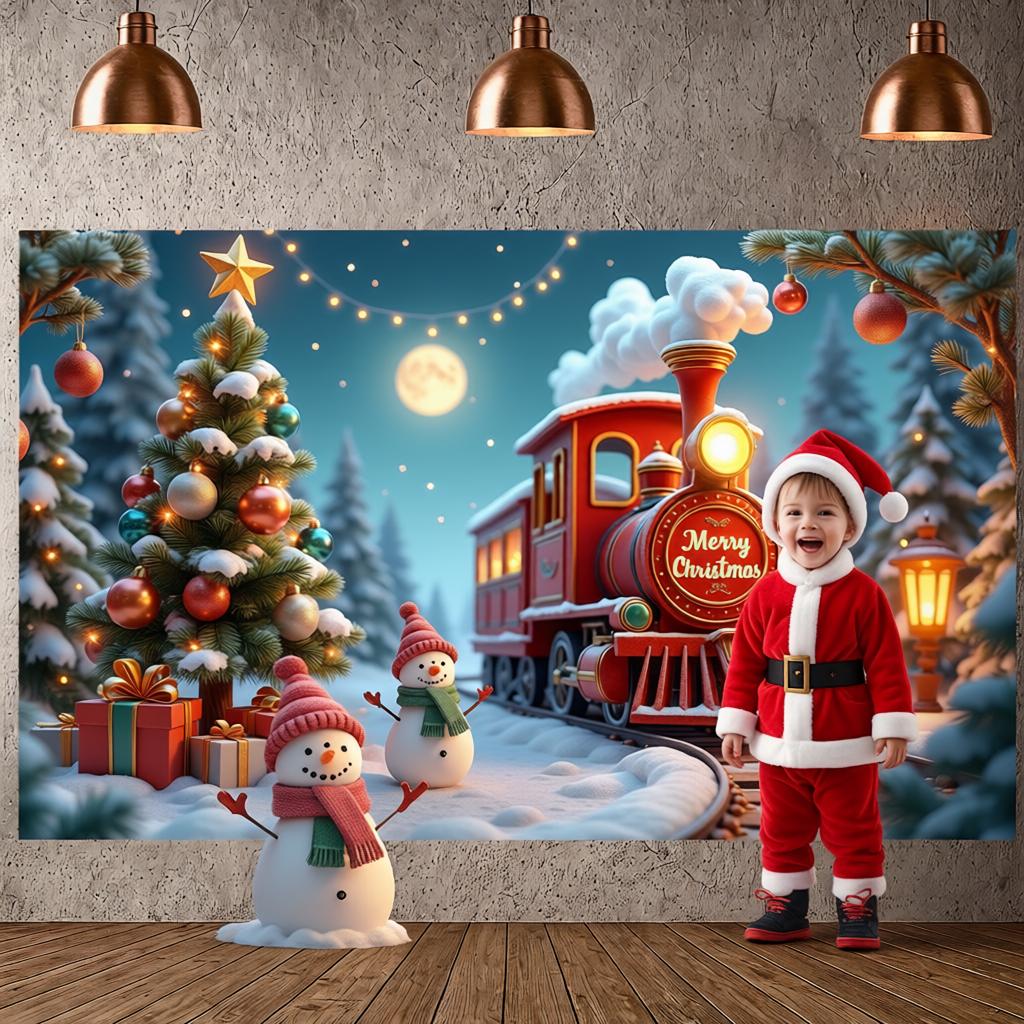 Festive Background Full Moon Merry Christmas Banner Holiday Banner Snowman Figure Xmas Tree Backdrop For Family Gathering