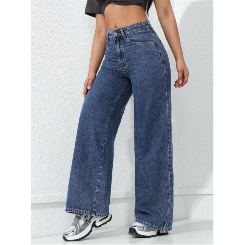 Jeans larghi da donna, stile retrò, gamba larga, tinta unita, casual, lavaggio dritto, alta elasticità, pantaloni in denim