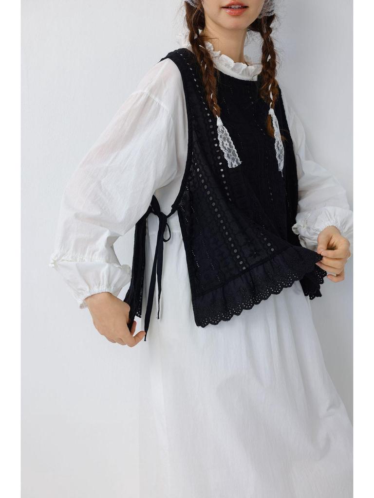 Women's Japanese Embroidered Cotton Lace Camisole Vest with Side Slits