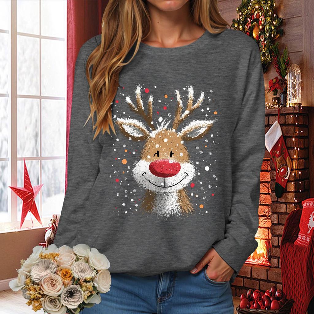 Women's Fashionable Casual Long-Sleeved Loose-Fit Christmas Print Round-Neck Pullover Sweatshirt