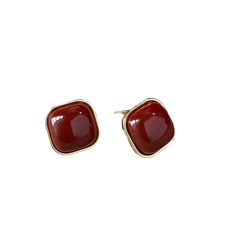 Vintage Enamel Wine Red Metal Stud Earrings For Women Fashion Geometric Square Earrings Elegant Wedding Jewelry Accessories