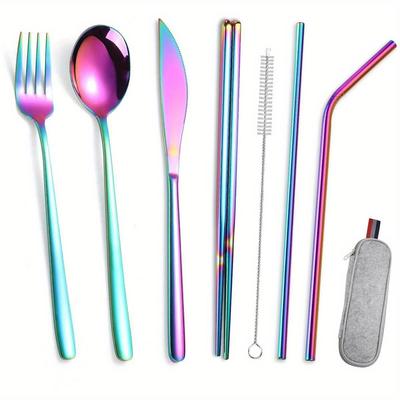 Folding Tableware 304 Stainless Steel Korean Knife Fork Spoon Chopsticks Straw Portable Tableware Set Travel Chopsticks