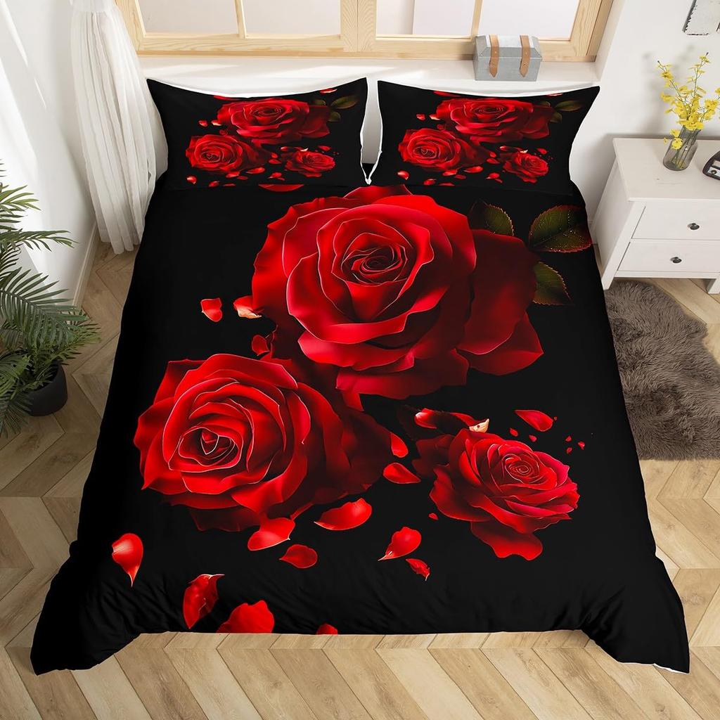 Valentine's Day Duvet Cover Queen Full Red Rose Romantic Flower Duvet Cover Heart Shaped Print Floral Black Soft Comforter Cover