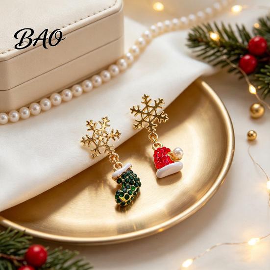 Sparkling Rhinestone Christmas Drops 1 Pair Earrings, Snowflake Red Santa Hat Green Cute Stocking Earrings Dangle Asymmetric Holiday Jewelry Gift for