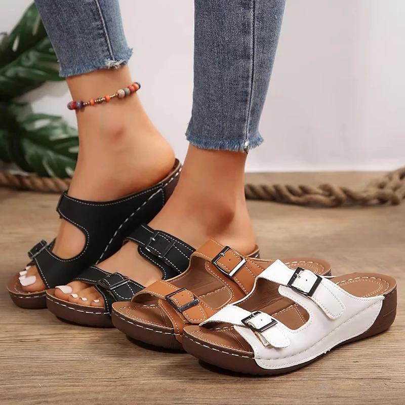 Fashion Lightweight Wedge Slippers for Women Fashion Double Buckle Platform Sandals Woman Summer Comfort Non Slip Beach Slides Plus Size