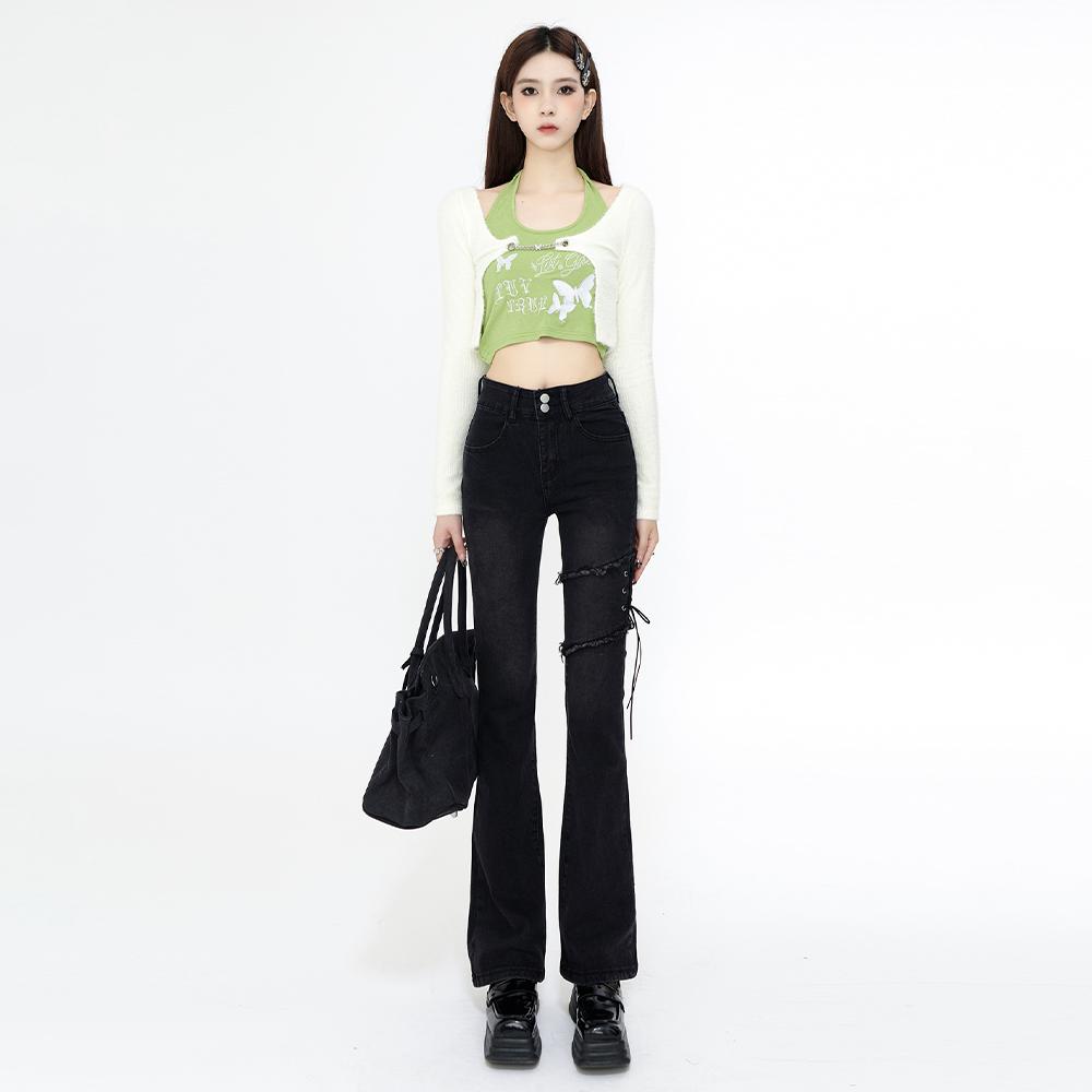 Lace Up Flare Jeans Women Summer Black Vintage High Waist Slim Skinny Pants Denim Trouser Streetwear Korean Fashion Y2K