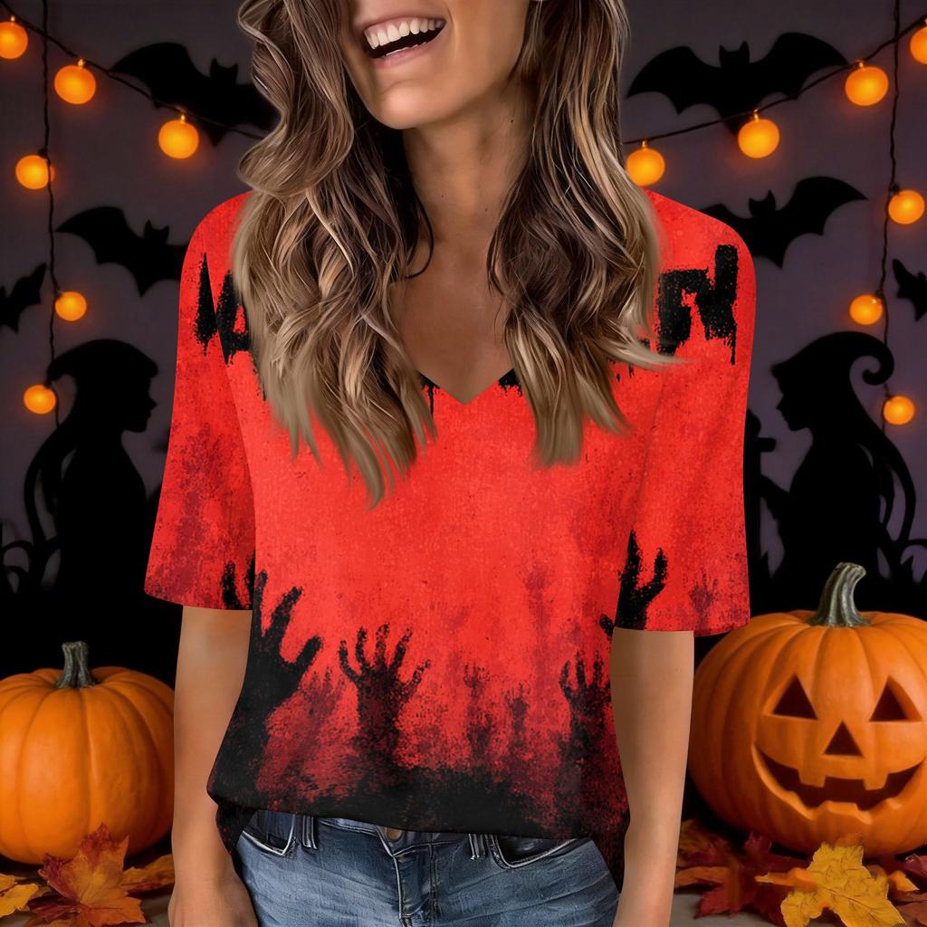 Women's Casual V-Neck Short Sleeve Blouse with Halloween Print