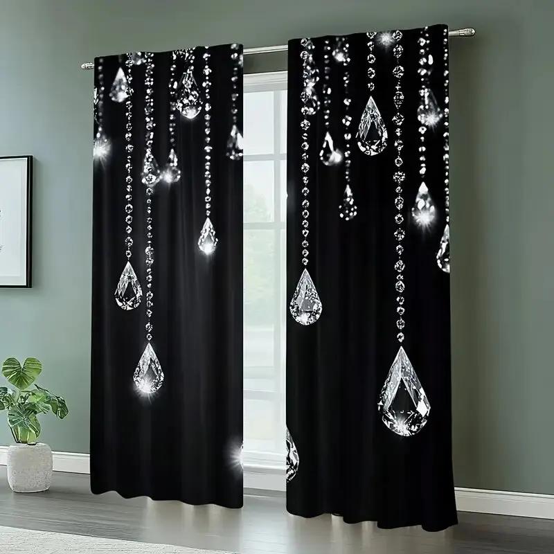Black Crystal Curtains Pole Bag Bedroom Living Room Decoration Home Curtain Elegant Made Of Polyester Washable Area Ready