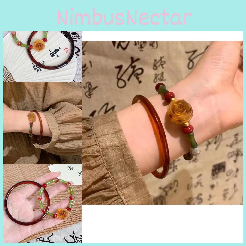 Exquisite Handcrafted Rose Beaded Bamboo Bracelet For Women Vintage Artistic Resin Bangle