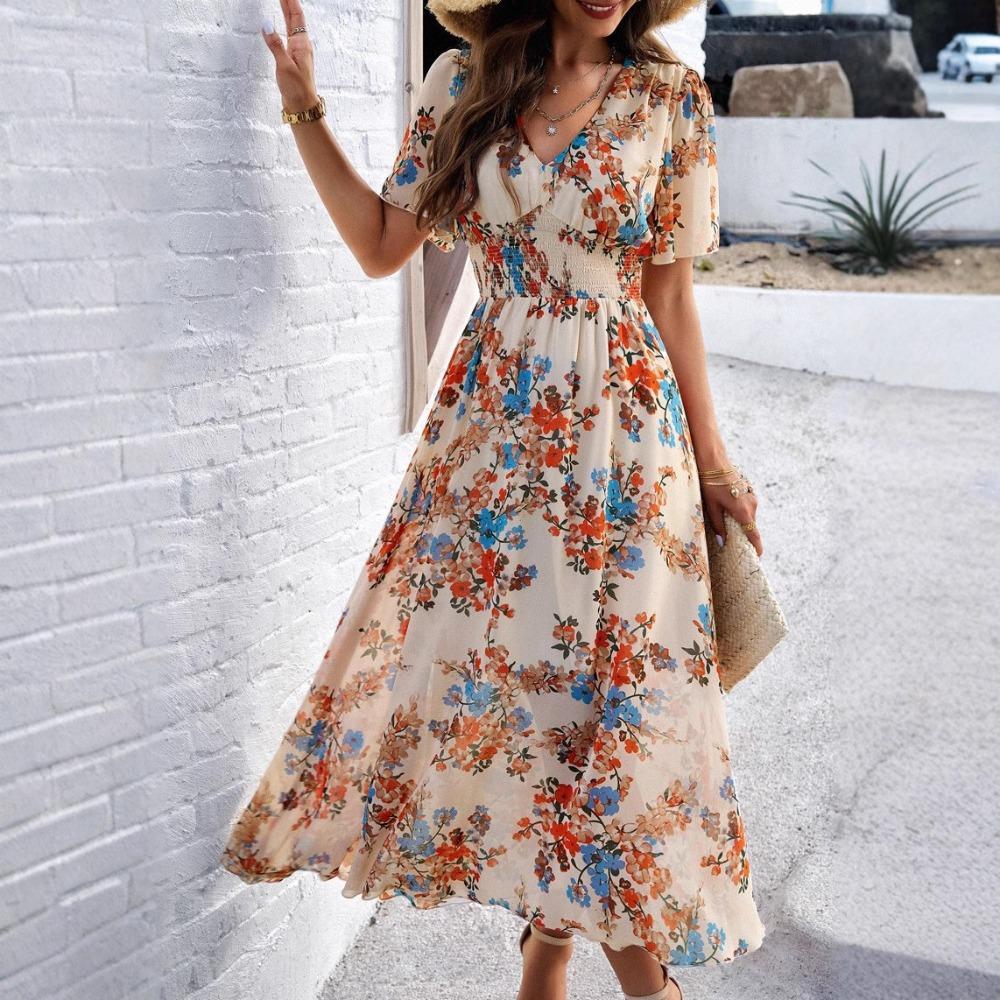 Abito Maxi da Donna Scollo a V Manica Corta Stampa Floreale Vita Alta Linea ad A Elegante Casual
