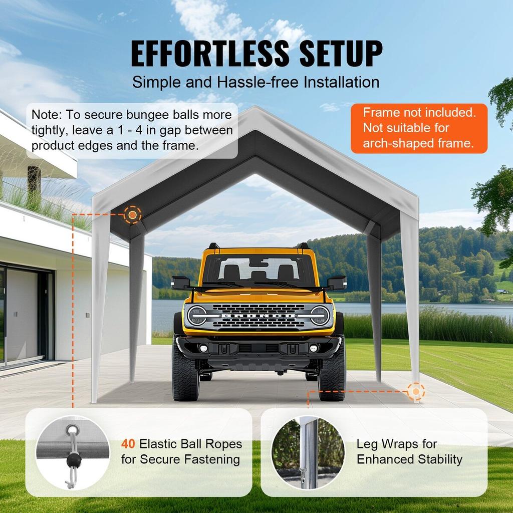 Carport Replacement Canopy Cover 6100 x 3040 mm Garage Top Tent Shelter Tarp Heavy-Duty Waterproof & UV Protected, Easy Installation with Ball