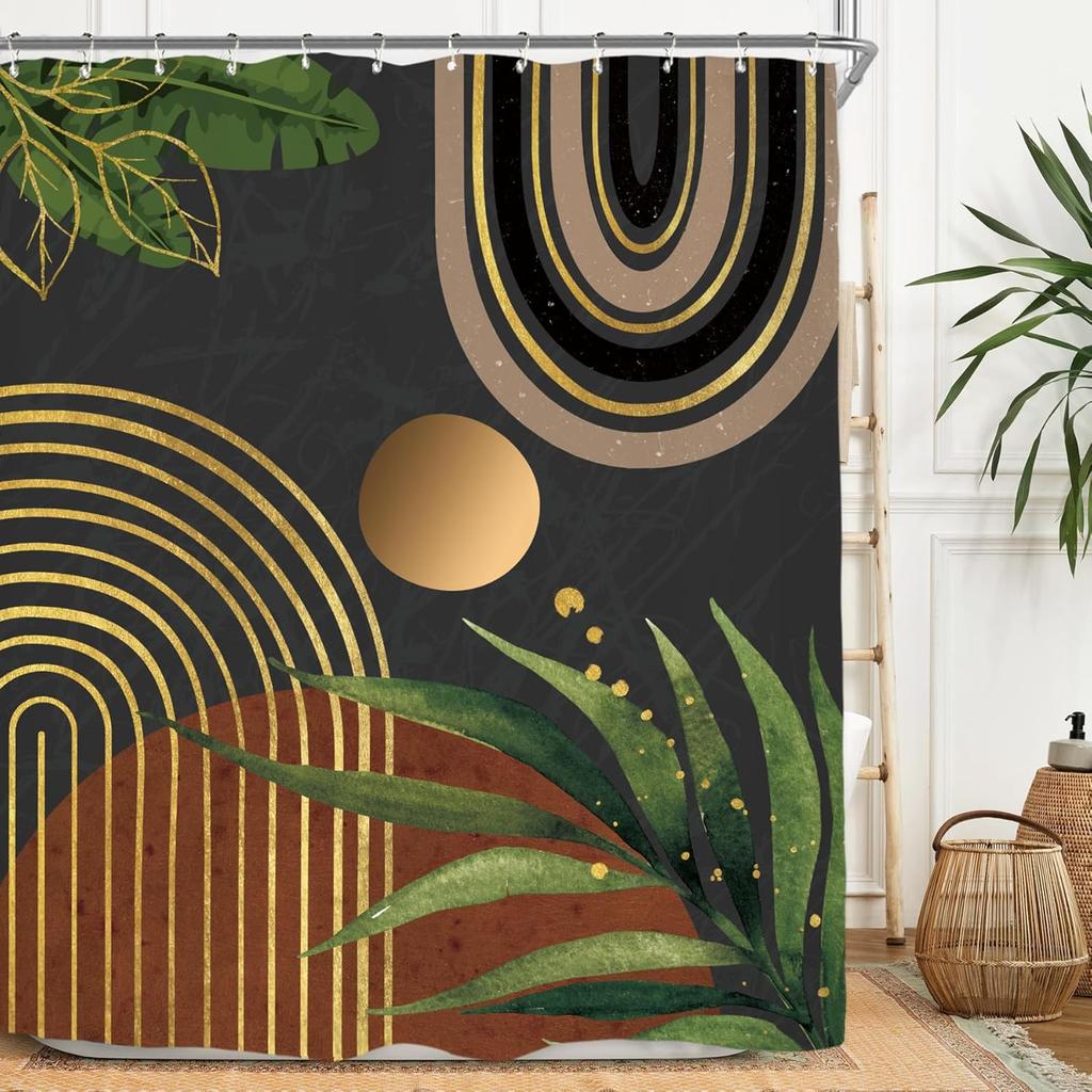 Abstract Zen Spa Shower Curtain Set Minimalist Bible Meditation Modern Aesthetic Contemporary Green Plant Leaves Monstera