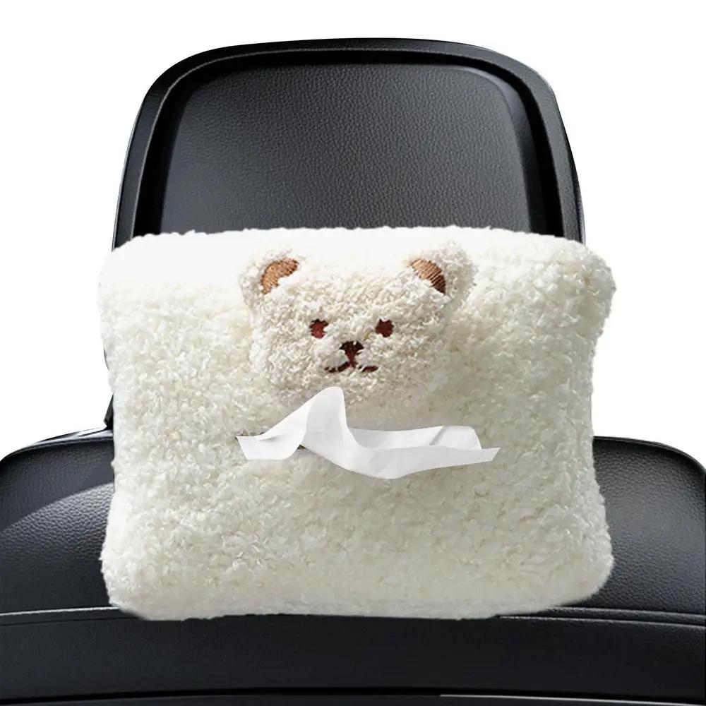 Cute Cartoon Plush Bear Car Headrest Tissue Box Case Paper Tower Holder Auto Visor Hanging Organizer Styling Car Accessories