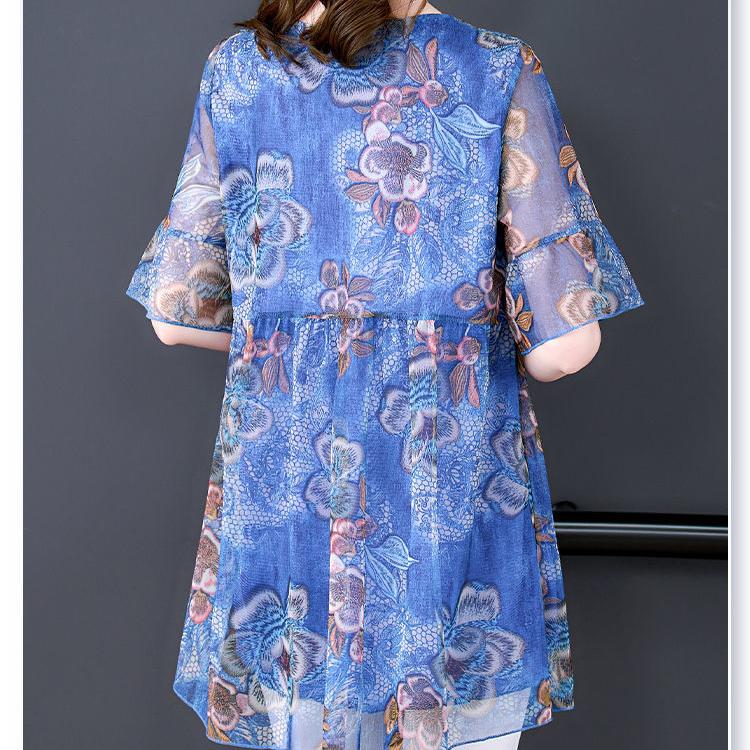 Women's Plus Size Blouse Summer Stretch Print Mesh Blouse Oversized Shirt Short Sleeved Loose  Blouse Top