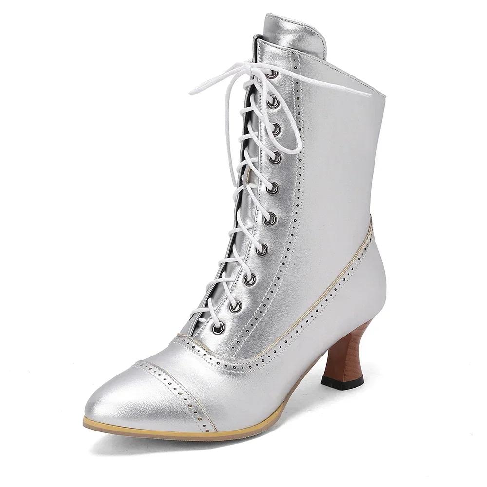 Krótkie damskie buty na wysokim obcasie w stylu brytyjskim, szlachetne botki rycerskie ze szpiczastym noskiem, sznurowane na krzyż, botki do kostki, średniowieczne buty retro