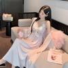 French sexy pajamas women's spring and autumn ice silk long suspender pajamas, two summer pure desire long skirts and robes with chest pads