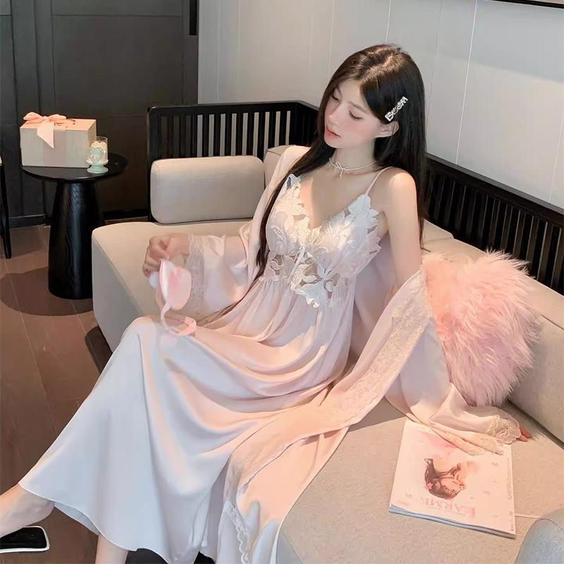 French sexy pajamas women's spring and autumn ice silk long suspender pajamas, two summer pure desire long skirts and robes with chest pads