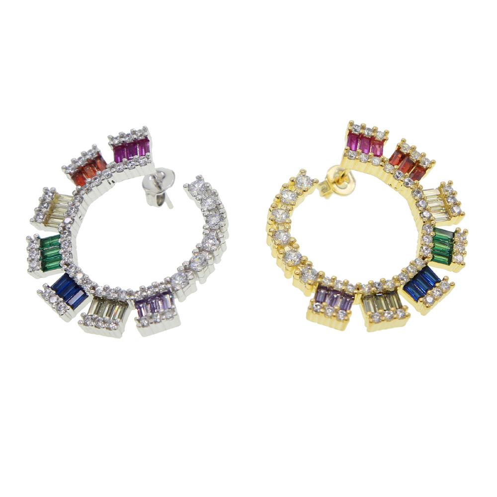 Promotion Big C Moon Type Colorful CZ Jewelry Geometric Round Circle Hoop Gorgeous Rainbow CZ Earring for Women
