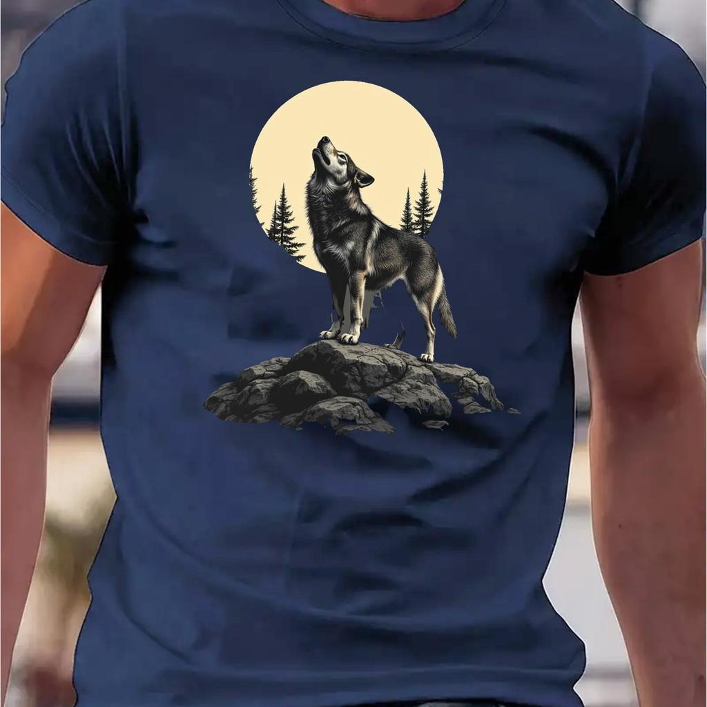 Men's Graphic T-Shirt Wolf Pine Tree Mountain Print Micro-Stretch Breathable Summer Casual Tee Men Clothing