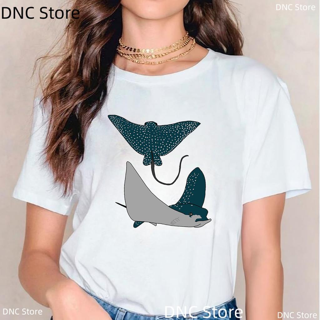 New Women Shark T Shirt Watercolor Shark Shirts,Manta Ray, Marine Creatures, Whale Print Tshirt,Summer Beach Vacation Tshirt Top