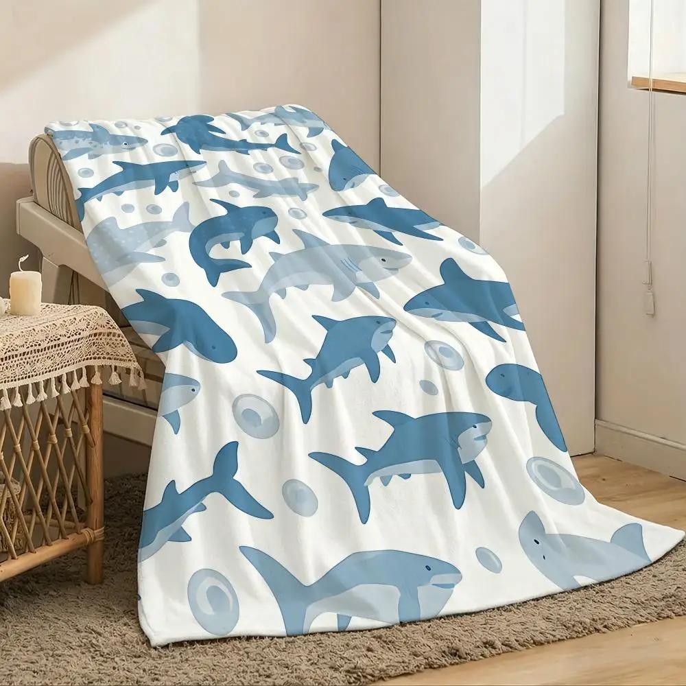 1pc Shark Print Throw Lightweight 240g Flannel Blanket Soft Skin-friendly for Summer Cooling