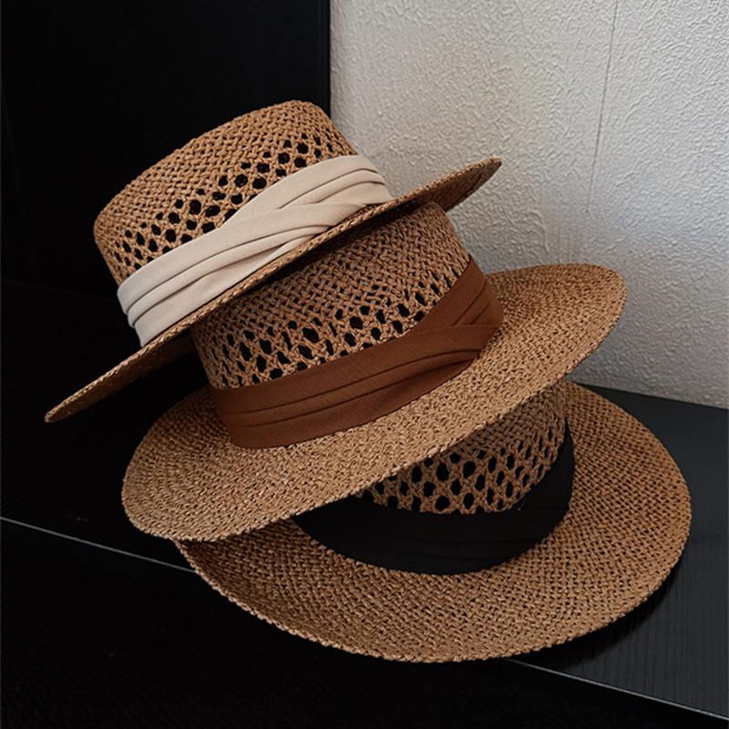 Spring Summer Vintage Hollow Out Flat Top Straw Hat Woman Sun Protection Vacation Beach Hat